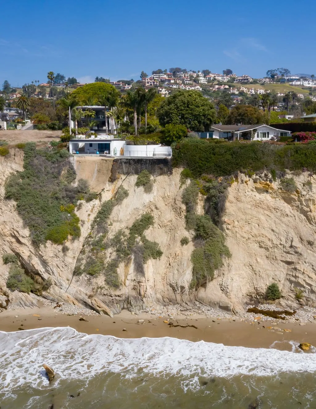 Aerial view of an oceanfront bluff home in Santa Barbara